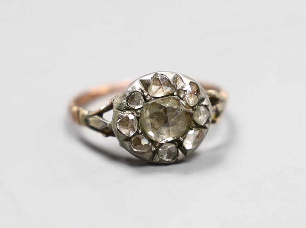 An early 19th century gold and silver mounted rose diamond cluster ring, size E, gross 1.7 grams